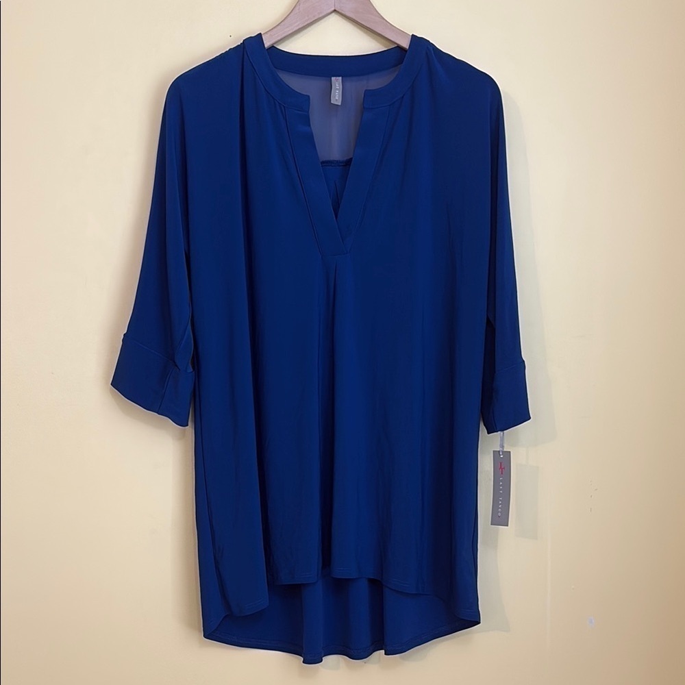 Last Tango NWT Blue Lightweight Hi Lo Split Neck Jersey Chiffon Tunic Top S